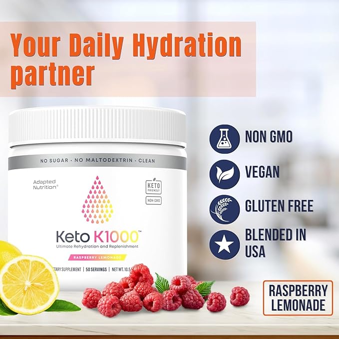 Hi-Lyte Keto K1000 Electrolyte Powder | Raspberry Lemon (100 Servings) | Hydration Supplement Drink Mix | Boost Energy & Beat Leg Cramps | No Sugar, Stevia, Maltodextrin
