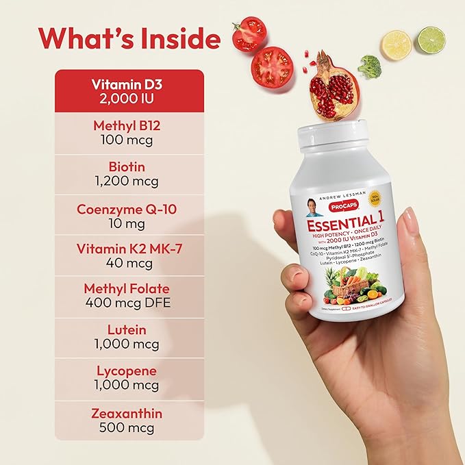 ANDREW LESSMAN Essential-1 Multivitamin 2000 IU Vitamin D3 30 Small Capsules - 100 mcg Methyl B12. CoQ10 Lutein Lycopene Zeaxanthin. High Potency. No Additives. Ultra-Mild. One Daily Capsule