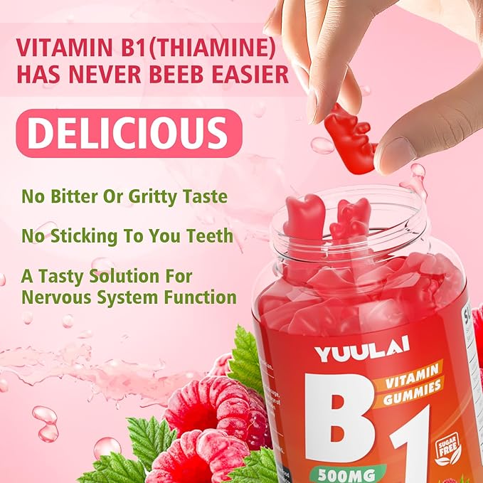 Pack of 2 Vitamin B1 Gummies 500mg for Adults & Kids, Thiamine B1 Supplement with Magnesium, Vitamin B1 Supplement for Nervous System Supports & Boost Energy, Raspberry Flavor, 120 Count