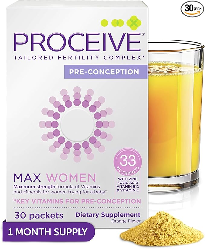 Proceive Tailored Fertility Supplement for Her, Max Women - Womens Pre-Conception Vitamins, Minerals & Amnio Acids for Pre Pregnancy Support - Folic Acid, Vitamin D & Zinc - 30 Sachets, Orange Flavor