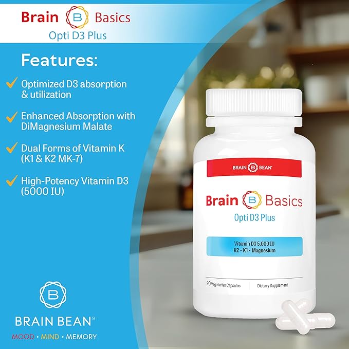 Brain Basic Opti D3 Plus - Vitamin D3 5000 IU with K1, K2, and Magnesium - Brain Support Supplement for Mood, Mind, Memory - Bone, Muscle, and Immune Health - Gluten Free, Soy Free, and Dairy Free