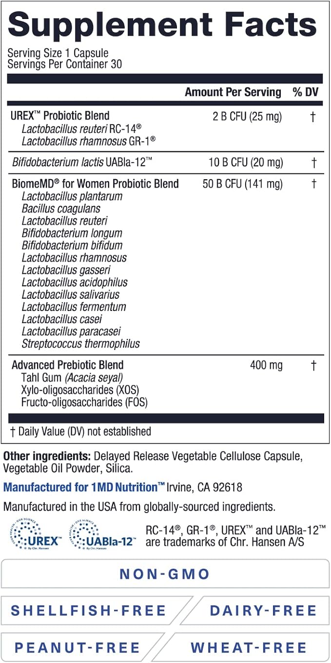 1MD Nutrition BiomeMD Probiotics for Women - 62 Billion CFUs, 16 Strains with Prebiotics | Supports Vaginal & Urinary Health - Doctor-Formulated | 30 Capsules (2-Pack)