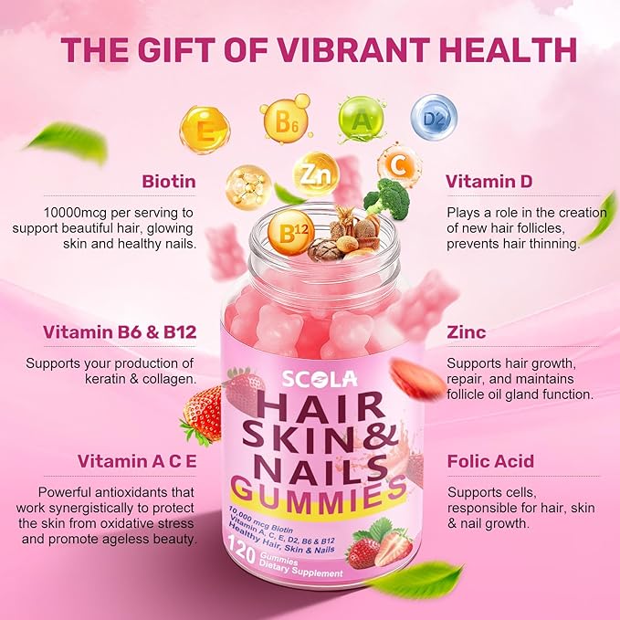 Hair Skin and Nails Gummies, Biotin (10,000mcg) Hair Skin and Nails Vitamins Supplement for Women, Men Supports Faster Hair Growth, Stronger Nails, Healthy Skin, 240 Count