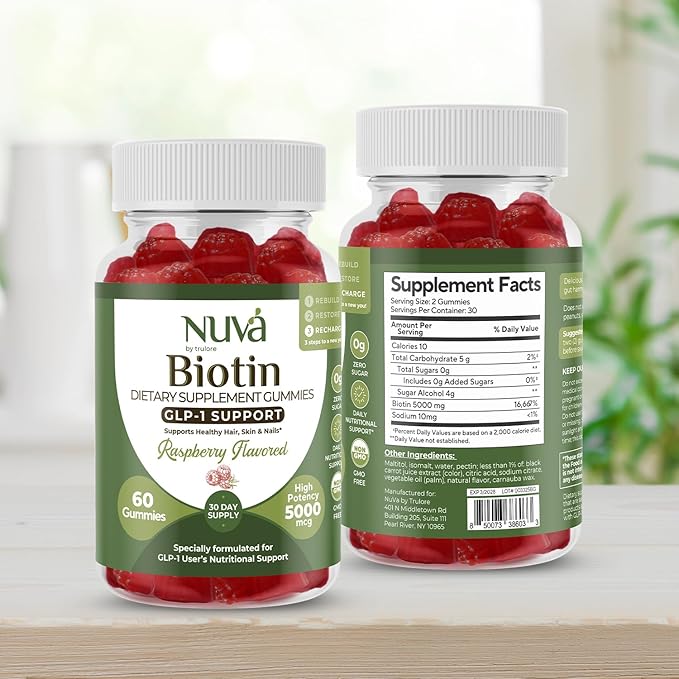 NuVa by Trulore Biotin Gummies 5000 mcg | GLP-1 Support for Hair Growth, Skin & Nails | Zero Sugar, Vegan Gummy Vitamins for Men & Women | Raspberry Flavor | 60 Gummies - 30 Day Supply