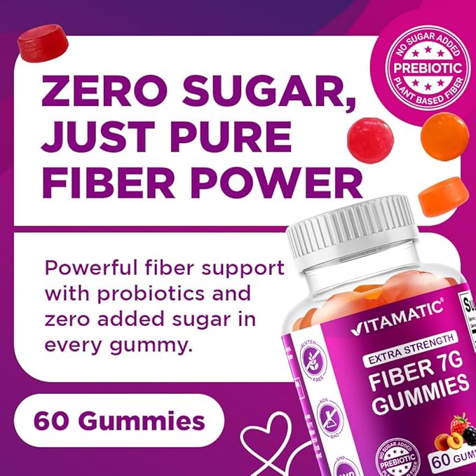 Vitamatic Prebiotic Fiber Gummies for Adults – 7g Fiber per Serving – 60 Pectin-Based Gummies Extra Strength, Zero Sugar Added – Supports Digestive Health & Regularity – Non-GMO, Vegan, Gluten-Free