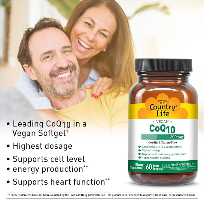 Country Life Simply CoQ10 200mg – Supports Heart Function & Cellular Energy, Vegan Softgels, Certified Gluten-Free, Non-GMO, 60 ct – Cardiovascular Health Supplement