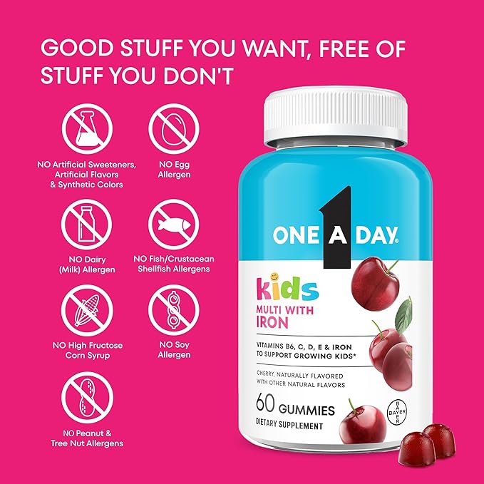 One A Day Kids Multivitamin with Iron Gummy, Vitamin D, Vitamin C, E, Zinc for Immune Support, Gummy Vitamins, Kids Multivitamin Gummies with Iron, Cherry Flavor, 60 Count (Packaging May Vary)