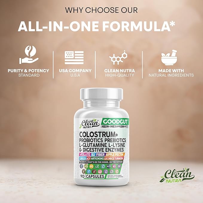 Clean Nutraceuticals Colostrum Supplement Capsules Probiotics Pills Prebiotics, L-Glutamine, Digestive Enzymes, Folate, Fiber, ACV, Turmeric, Apple Pectin and Turmeric Good Gut