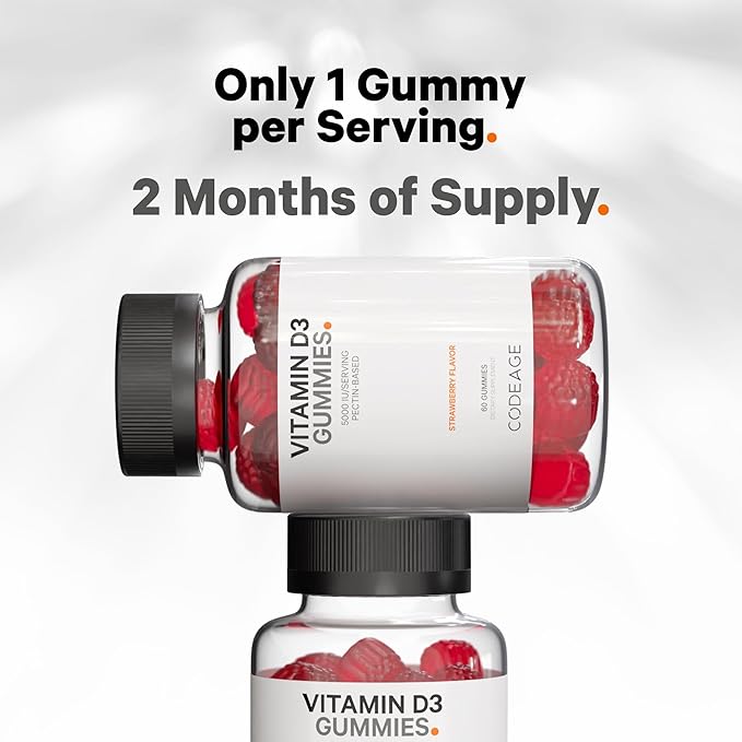 Codeage Vitamin D3 Gummy Vitamins, Vitamin D3 5000 IU Gummies Cholecalciferol 125 mcg - 2-Month Supply - Soft Pectin-Based, Animal Gelatin-Free Vitamins Gummy, Strawberry, Gluten-Free - 60 Gummies