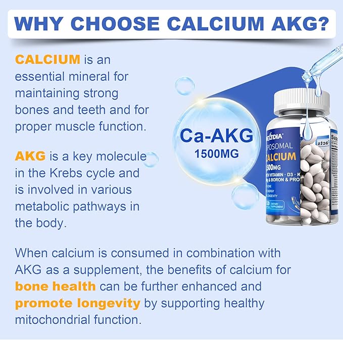 Liposomal Calcium AKG Supplement 1500mg with Vitamin D3 & K2 Softgels for Women & Men│ High Absorption│Calcium Supplements with Magnesium Glycinate, Boron, Probiotics & Vitamin C for Bone - 120 Pills