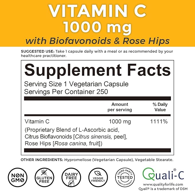 Viva Naturals Vitamin C 1000mg - Non-GMO Vitamin C Supplements with Citrus Bioflavonoids & Rose HIPS for Immune Support & Antioxidant Protection, 250 Vegetarian Capsules