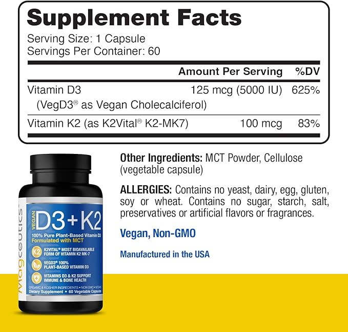Vitamin D3 K2 with MCT, 5000 IU Vegan D3 & 100 mcg MK7 K2, Support Strong Bones and Immune Health - 60 Capsules (60 Days Supply)