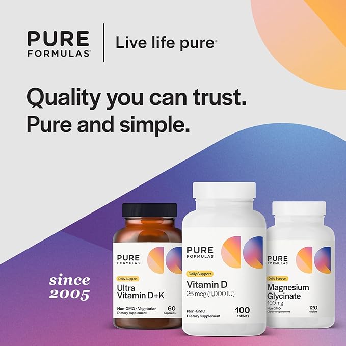 PureFormulas Vitamin D3 1,000 IU 25 mcg - Premium Vitamin D Supplement for Healthy Bone Formation, Teeth, Cardiovascular Health, and Immune Support Non-GMO - 100 Count Tablets