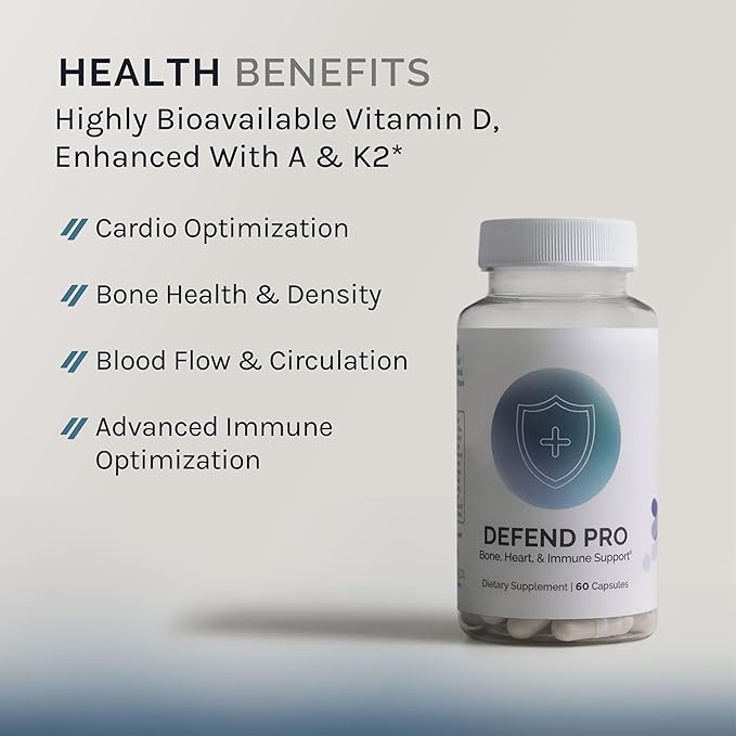 InfiniWell Defend Pro Bone & Immune Support Supplement - Vitamin A, D3 & K2 Supplement - Bioavailable, Active Nutrients - 250mcg VIT D - Aid Bone Strength, Heart Health & More (60 Capsules)