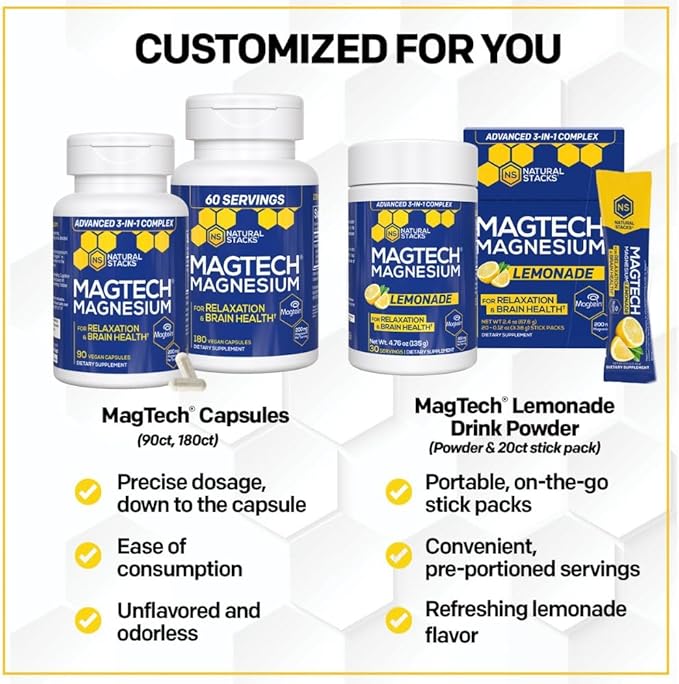 MagTech Magnesium Complex - 3 Forms of Magnesium: Magtein L-Threonate, Glycinate & Taurate - 200mg Chelated Magnesium Supplement - Supports Relaxation & Brain Health - 90 Capsules