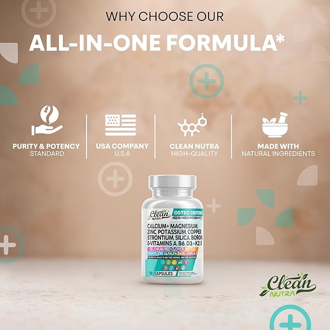 Clean Nutraceuticals Calcium Magnesium Zinc Supplement with Potassium, Copper, Strontium, Silica, Vitamin D3 K2, Boron, Vitamin B1 B12 Red Clover Herb Alfalfa Basil Pills for Men & Women Osteo Defend