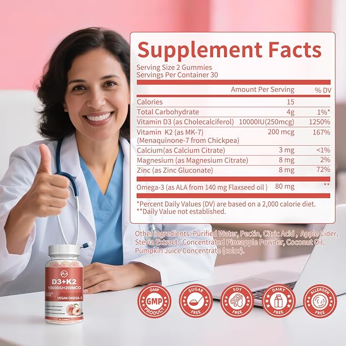 Vitamin D3 K2 Gummies, Vitamin D3 10000IU, K2 (MK-7) 200mcg, 6-in-1 Vitamina D3 Con K2 Supplement with Omega-3, Magnesium, Calcium and Zinc for Bones, Teeth & Immune Support, Sugar Free, 2 Packs