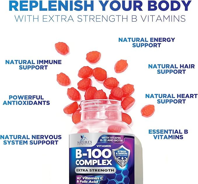 B Complex Gummies with Vitamin C & Folic Acid, Extra Strength Super Vitamin B Gummies Supplement with Niacin, B6, Folic Acid, B12, Biotin, Nature's Energy Immune Support Supplements - 120 Gummies