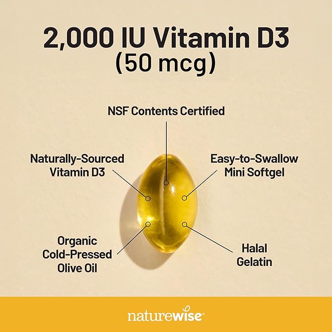 NatureWise Vitamin D3 2000iu (50 mcg) 30-Day Supply for Immune Support, Healthy Muscle Function, and Bone Health - Non-GMO, Gluten Free in Organic Extra Virgin Olive Oil, (Mini Softgel), 30 Count