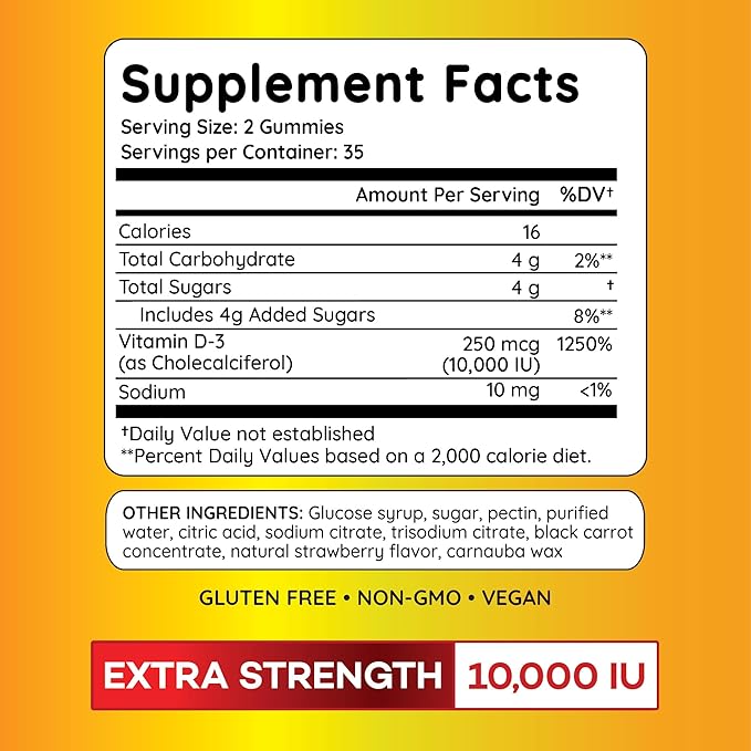 PAYÉ Vitamin D Gummies, D3, 10,000 IU (250 mcg) per Serving, Dietary Supplement for Bone, Teeth, Muscle and Immune Health Support Kids and Adults* - 210 Count