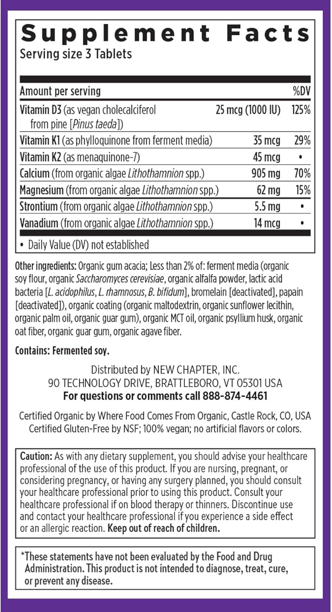 New Chapter Calcium Supplement - Bone Strength Organic Calcium with Magnesium, Vitamin D3+K2, 70+ Trace Minerals for Bone Health, Gluten Free, Easy to Swallow Slim Tablets - 120 Count