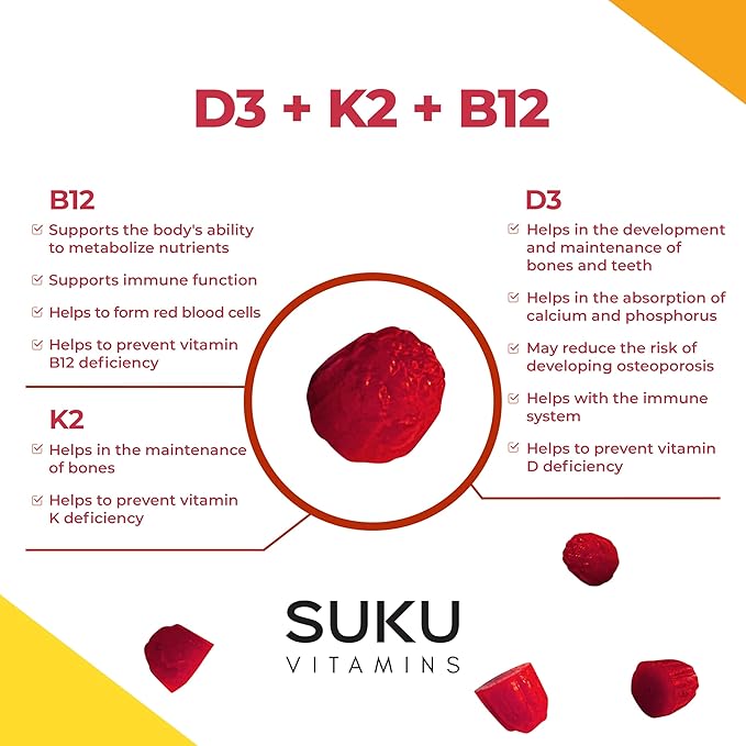 Vegan D3 + K2 + B12 Sugar-Free & Sugar-Alcohol-Free Keto 2000IU Vitamin D Gummy Supplement for Healthy Bones, Immune Function, Healthy Metabolism, Lemon Dragon Fruit Flavor (50 Gummies)
