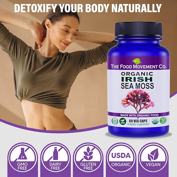 Irish Sea Moss, Organic Prebiotic Food, Over 70 Trace Minerals, Supports Healthy Elimination, Digestion and Immune Support 120 Vegan Capsules