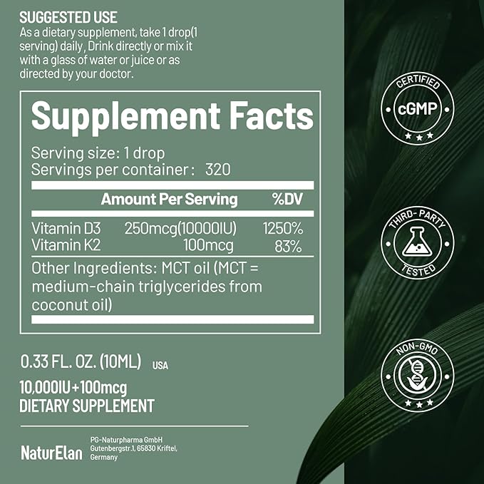 Organic Vitamin D3 K2 Drops with MCT Oil, 10,000 IU Vitamin D Liquid Drops + 100mcg K2(MK-7), 320 Servings, Supports Bone, Immune, Heart & Teeth Health, Third-Party Tested, Vegan, Non-GMO, Gluten Free