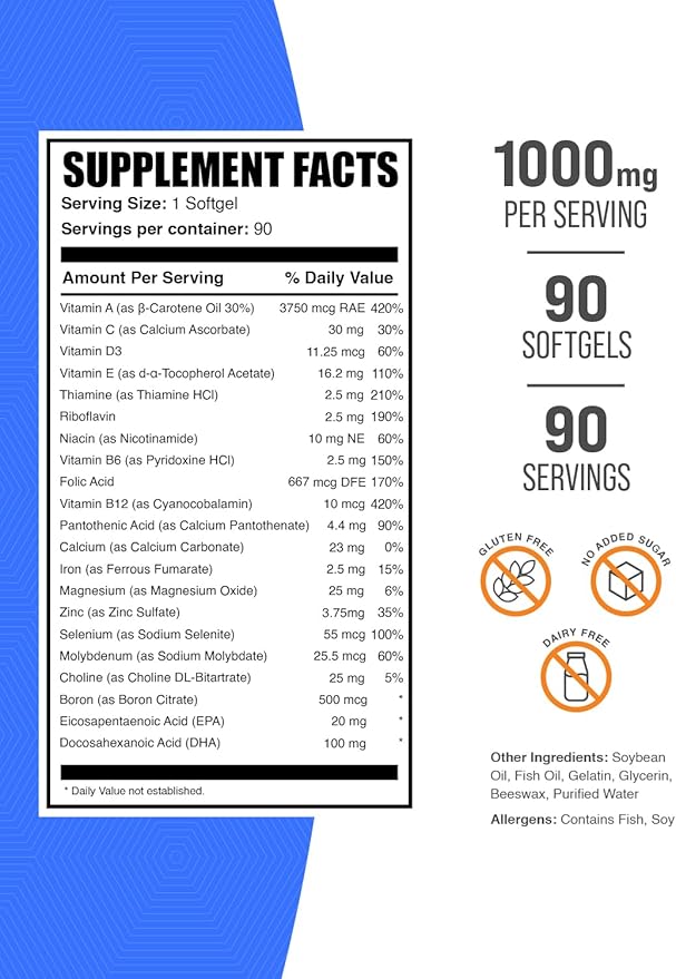BulkSupplements.com Multivitamin for Men Softgels - Daily Multivitamin, Multimineral Supplement, with Fish Oil - Gluten Free, 1 Softgel per Serving, 90 Count (Pack of 1)