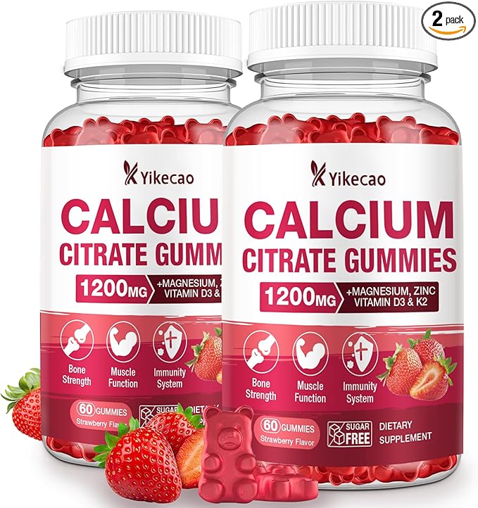 2 Pack Calcium Citrate Gummies 1200mg, Calcium Supplements for Women & Men, Calcium Gummies with Vitamin D3, K2, Magnesium, Zinc, Potassium, Muscle & Immune Support, Strawberry Flavor, 120 Count