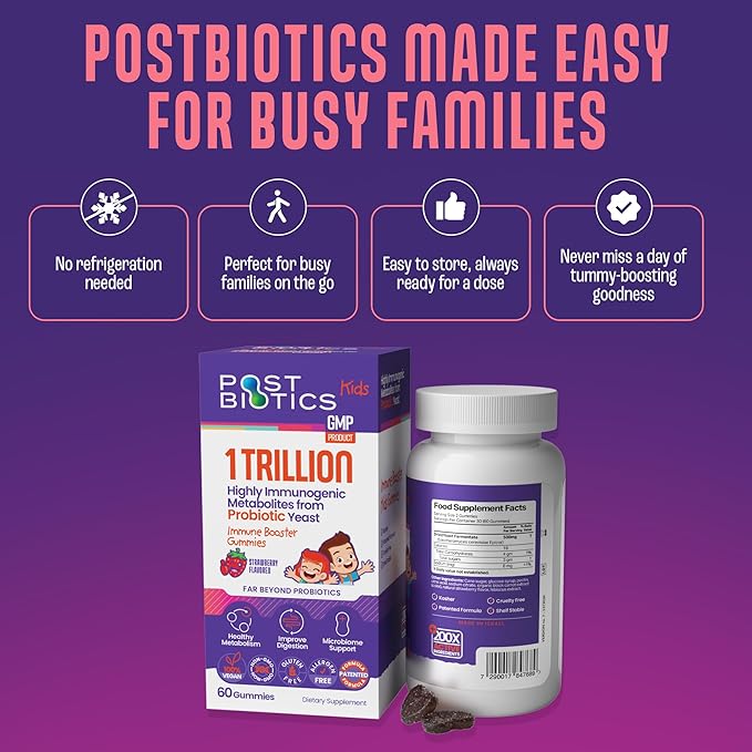 NAVEH PHARMA Postbiotics Kids Strawberry Gummies. Children’s Postbiotics, Ages 4+, 1 Trillion metabolites 200X Ingredients Than Probiotic Or Prebiotic. Gut Health, Immunity, Digestion & Microbiome