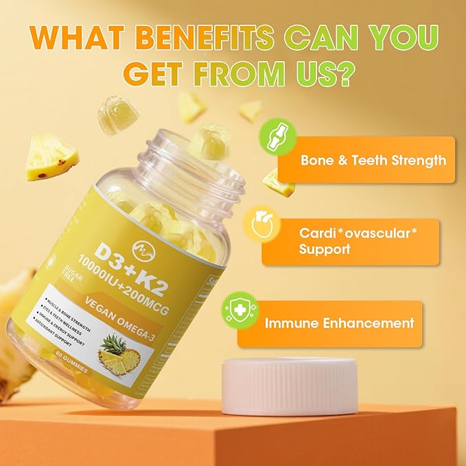 Vitamin D3 K2 Gummies, Vitamin D3 10000IU, K2 (MK-7) 200mcg, 6-in-1 Vitamina D3 Con K2 Supplement with Omega-3, Magnesium, Calcium and Zinc for Bones, Teeth & Immune Support, Sugar Free, 2 Packs
