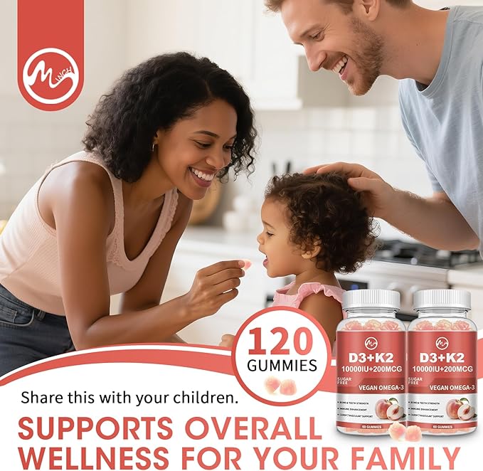 Vitamin D3 K2 Gummies, Vitamin D3 10000IU, K2 (MK-7) 200mcg, 6-in-1 Vitamina D3 Con K2 Supplement with Omega-3, Magnesium, Calcium and Zinc for Bones, Teeth & Immune Support, Sugar Free, 2 Packs