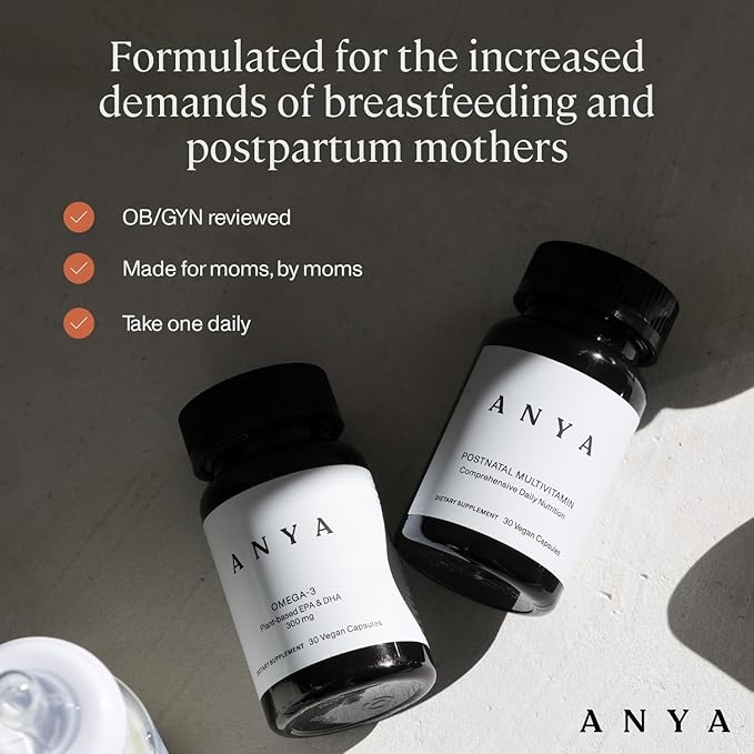 ANYA Postpartum Multivitamin, Postnatal Vitamin for Women Breastfeeding, 30 Capsules - Vitamins A, C, D3, Zinc, B12, Biotin, Folate and Iron - 100% Vegan, Non-GMO, Gluten Free, Baby Shower Gifts