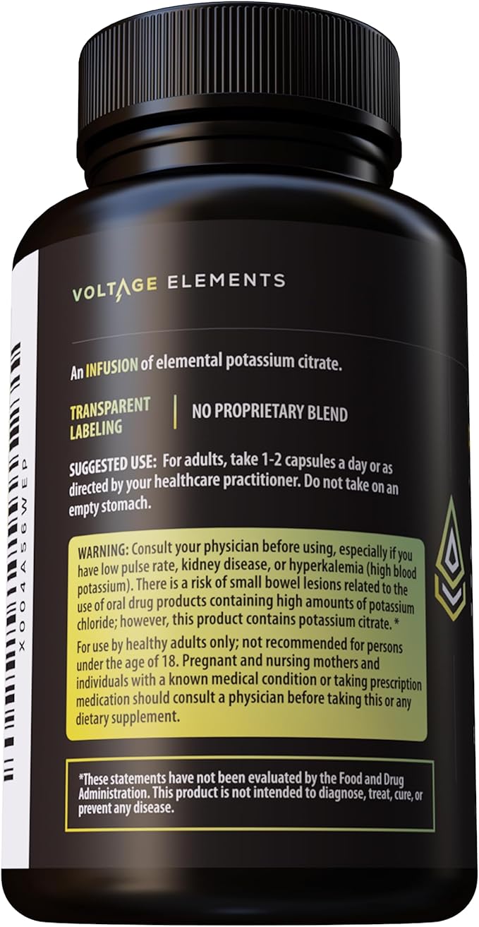 Voltage Elements Potassium Citrate 1430mg - Heart & Kidney Health, Electrolyte Balance, Nerve Function - Elemental Potassium 500mg (240 Capsules) Vegan