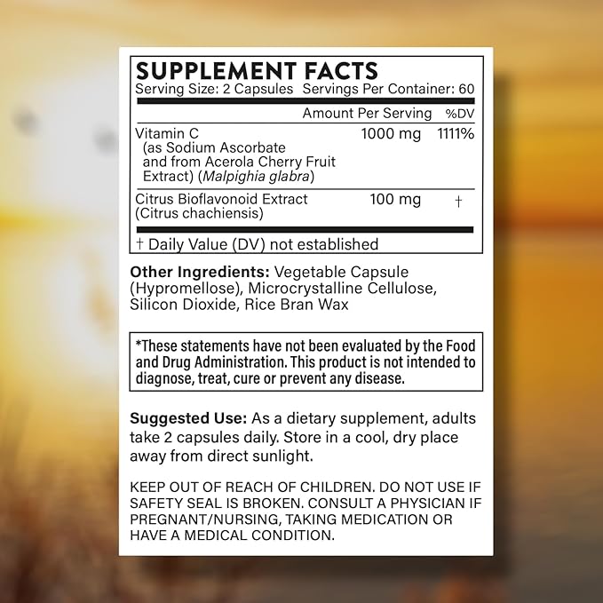 Vitamin C 1000mg - Vitamin C Supplement with Acerola Cherry, Sodium Ascorbate & Citrus Bioflavonoids for Immune Support, Collagen Boost, Heart Health, Energy Support, DNA Repair, 120 Veggie Caps