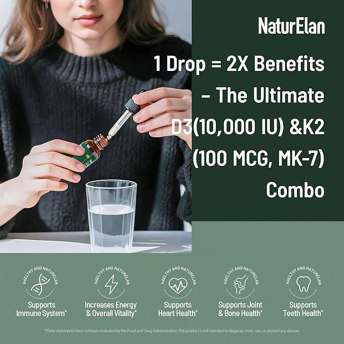 Organic Vitamin D3 K2 Drops with MCT Oil, 10,000 IU Vitamin D Liquid Drops + 100mcg K2(MK-7), 320 Servings, Supports Bone, Immune, Heart & Teeth Health, Third-Party Tested, Vegan, Non-GMO, Gluten Free