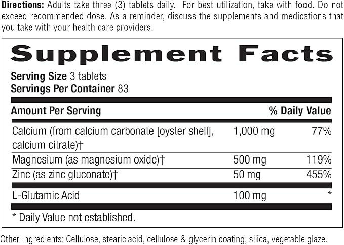 Country Life Calcium Magnesium Zinc with L-Glutamic Acid, Dietary Supplement for Bone Support, Certified Gluten Free, 1000mg/500mg/50mg, 250 Tablets
