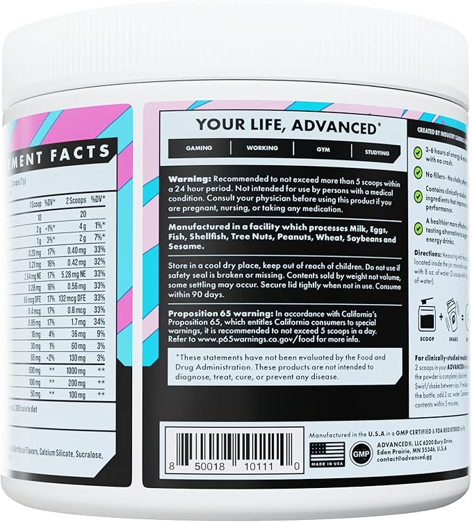 Advanced Energy - Energy Boosting Formula with Electrolytes for Hydration - L-Theanine to Combat Jitters - Sugar Free & Keto Friendly - No Maltodextrin (40 Servings) (Cotton Candy)