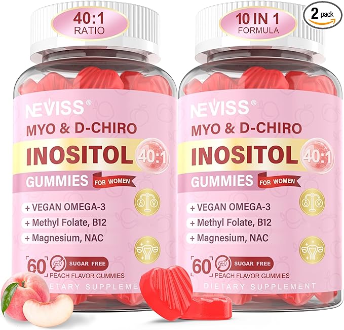 Myo-Inositol & D-Chiro Inositol Gummies for Women 2000mg + 50mg, 40:1 Ratio Inositol with Vegan Omega-3 + D3, Magnesium Glycinate, Methyl Folate + B12 for Female Health & Wellness, Sugar Free, 120 Cts
