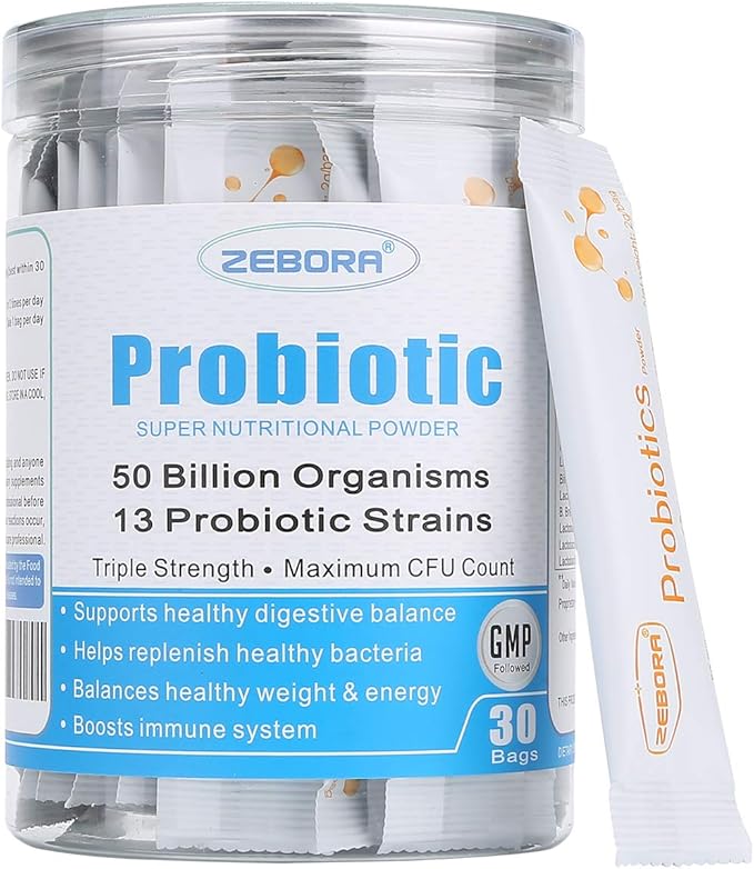 ZEBORA Probiotics for Women, Men and Kids, Prebiotics and Probiotics Powder for Digestive and Immune Gut Health - Support Healthy-Respiratory-System Gluten Free and Non GMO, 30 Packets