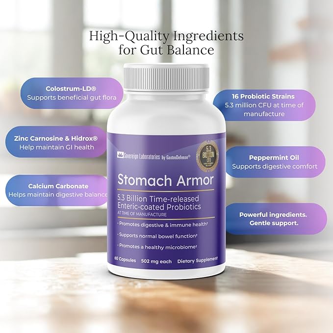 Stomach Armor - Shelf Stable Pre and Probiotic - Liposomal Colostrum-LD Enhanced. Beneficial Stains Colonize and Promote Gut Health, Designed for Adult Women and Men
