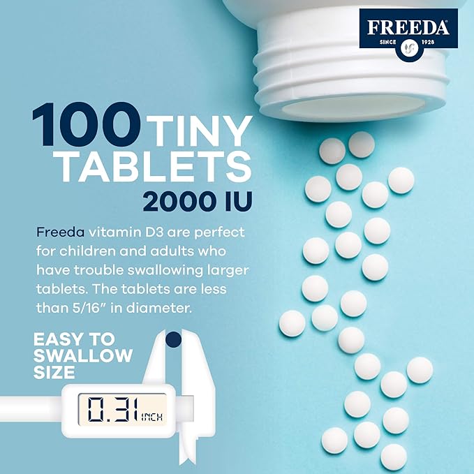 FREEDA Vitamin D3-2000 IU – High-Potency Vitamin D for Bone Strength & Immune Support – Easy-to-Swallow Tablets – 100 Tiny Tablets