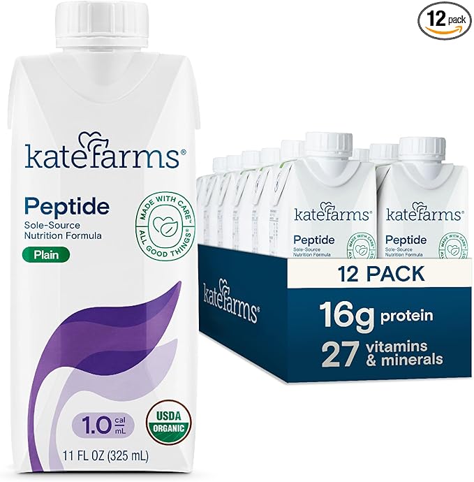 KATE FARMS Organic Adult Peptide 1.0 Formula, Plain, Sole-Source, Hydrolyzed Plant-Based Nutrition for Oral or Tube Feeding, 11 Fl oz (12 Pack)