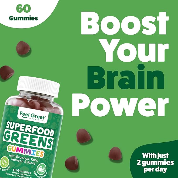 Super Greens Gummies - Green Superfoods Supplement with Spinach, Broccoli, Kale, Beet Root, Elderberry for Immunity Support - Fruit and Vegetable Supplement - Watermelon Flavor, 60 Gummies