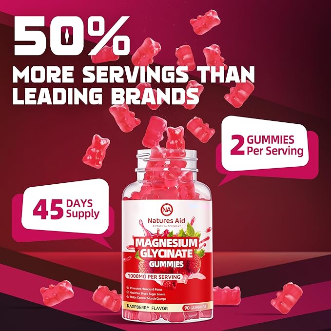 Magnesium Glycinate Gummies 1000mg - Sugar Free Magnesium Potassium Supplement with Vitamin D, B6, CoQ10 for Calm Mood & Sleep Support - 90 Raspberry Gummies.