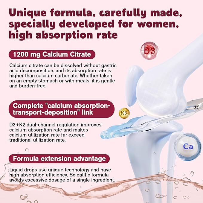 (2 Pack) Calcium Citrate with Vitamin D3 Liquid Drops for Women, 1200mg Ultimate Absorption Calcium Citrate Liquid Drops with Vitamin D3 K2 for Bones, Teeth Support, Vegan, Sugar-Free, 1 Fl Oz