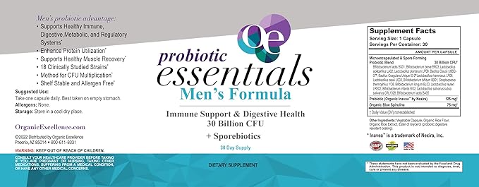 Organic Excellence Mens Probiotic for Gut Health with Prebiotics – 18 Strains for Digestive Health, Bloating & Immune Support – 30 Billion Probiotics + Sporebiotics – 30 Capsules