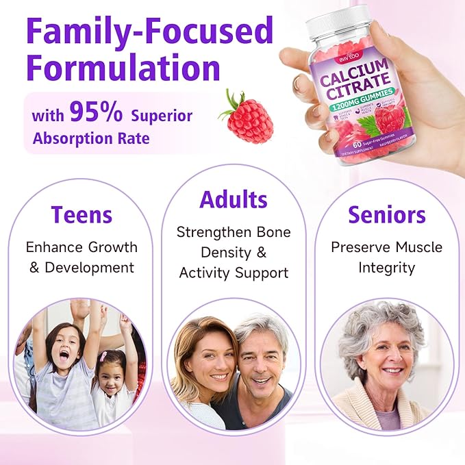 High Absorption Calcium Citrate Gummies 1200mg - Bone & Teeth Support for Adults & Kids, Vegan, Non-GMO, Sugar-Free Gummies, Raspberry Flavor, 60 Count