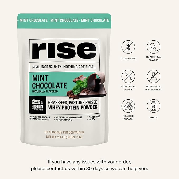 Rise Grass-Fed Whey Protein Powder - Mint Chocolate | 25g Protein No Artificial Flavors, Colors, or Preservatives - Sugar Free, Gluten-Free, Soy Free (2.4 lbs)